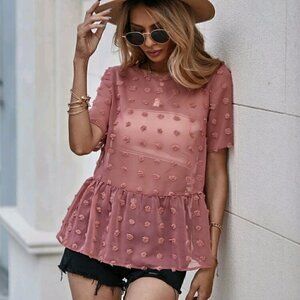 NWOT SHEIN Pink swiss dot sheer flowy peplum boho festival top